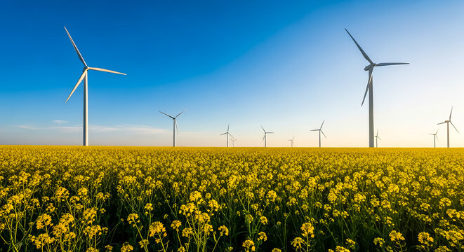 Wind Turbines in a Field of Yellow Flowers, Renewable Energy Landscape