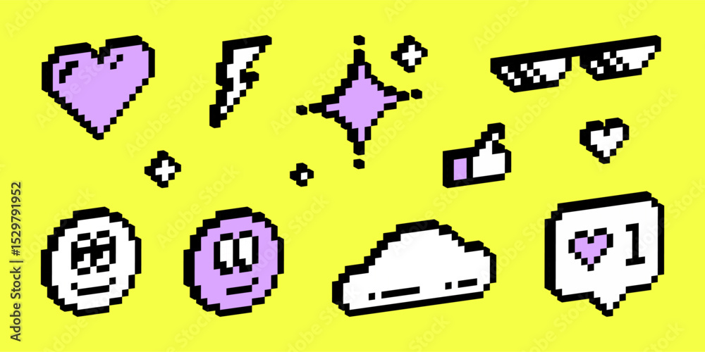 Poster y2k pixel art 3d vector elements. a collection of digital mood icons, including a talk bubble, sungl