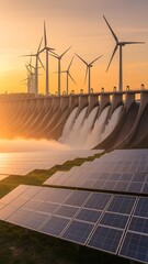 A view of wind turbines and solar panels with a dam releasing water at sunset in the background