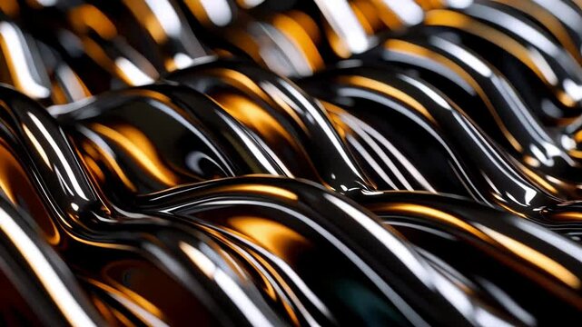 Abstract flowing forms with black surfaces reflecting bronze light creating an elegant, shiny and glossy, fluid, wavy organic pattern background