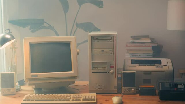 Retro pc computer gaming, Desktop vintage with loading code console, programmer making scripts, green basic screen, Old computer studio close-up, retro wave display, late 90s PC.