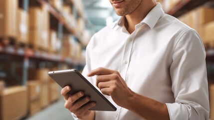 Warehouse inventory management modern storage facility digital operations professional environment close-up view efficiency concept