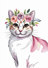 Watercolor painting of a charming cat adorned with a floral crown on white background