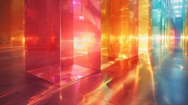An extraordinary scene featuring colorful transparent prisms in an interior space, casting vibrant reflections and creating a stunning visual experience of light and color.