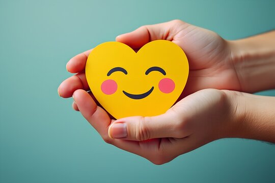 Happy heart emoji held in caring hands
