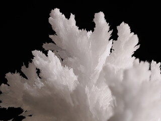 The photo shows a snow-white crystal resembling feathers or snowflakes. Its structure appears fragile and fluffy, with sharp edges highlighted against the black background.