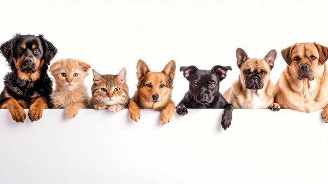 A delightful mix of dogs and cats showcase their unique traits as they interact together, creating a joyful atmosphere indoors