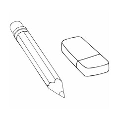Black and white line art illustration of a pencil and a rectangular eraser