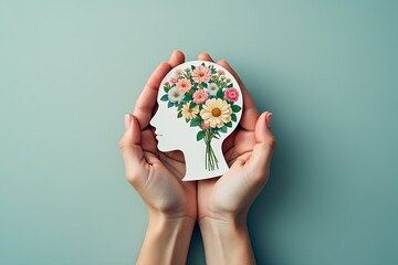 Hands holding floral bouquet inside head silhouette