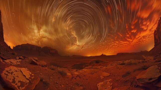 A striking panoramic view of a desert landscape under a starry night sky, with swirling clouds and vibrant colors that create a sense of wonder and cosmic mystery.