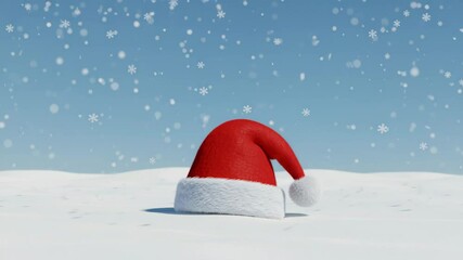 Santa hat resting in snow with falling snowflakes in winter  