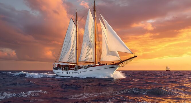 Majestic three-masted schooner sailing on the open sea at sunset, creating a beautiful seascape