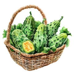 African Horned Cucumber Fruit Basket, watercolor painting vector, isolated on a white background.