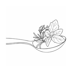 Line art illustration of fresh herbs arranged on a wooden spoon for cooking