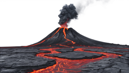 Erupting volcano with lava flow isolated on a white background