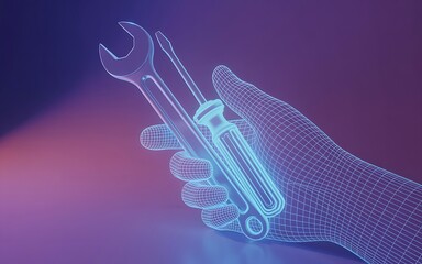 A digital wireframe hand holding a wrench and screwdriver against a purple and blue gradient background