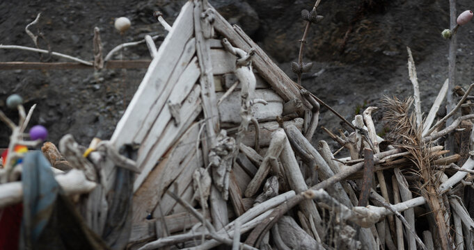 Driftwood arranged on a rocky beach in San Francisco, California.