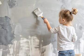 A little girl paints a wall in a new house. Interior decoration of the house, wall painting. Cosmetic repairs. Child labor.