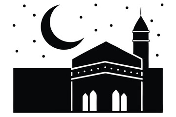 Serene minimalist silhouette of the kaaba under the moon