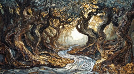 Enchanted Forest Creek: Golden Sunlight Through Dark Trees