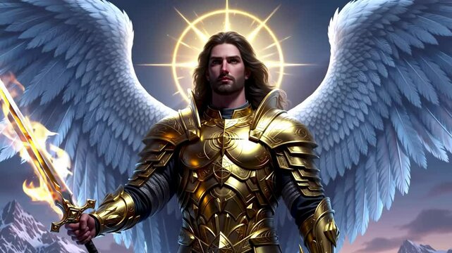 Archangel Michael in golden armor with large wings and a flaming sword standing in a mountain landscape, fantasy concept footage.