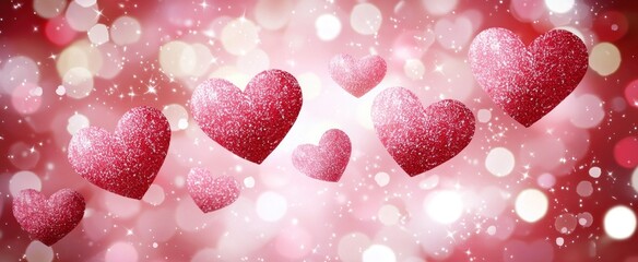 Romantic hearts floating in a soft pink bokeh background