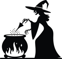 Spooky Silhouette of a Witch Stirring a Cauldron Halloween Illustration