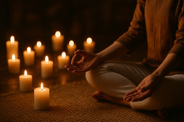 A person meditates peacefully indoors surrounded by glowing candles, creating a tranquil and mindful atmosphere.