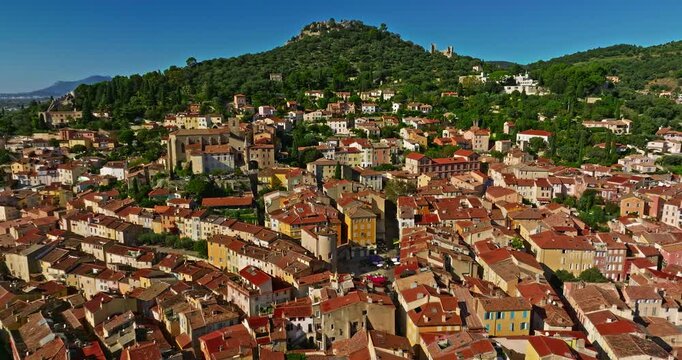 Aerial view of ancient streets and houses of the historic center of the city of Hyeres in the Var department on the azure coast