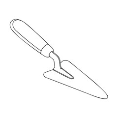Simple detailed line drawing of a gardening trowel on a pure white background