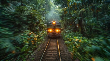 A train makes its way along a winding track in a dense jungle, surrounded by vibrant greenery and mysterious atmospheric depth that captivates the senses.