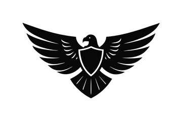 Silhouette art illustration of icon-style eagle with wings spread and shield on chest.eps