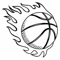 A black and white basketball on fire with flame details