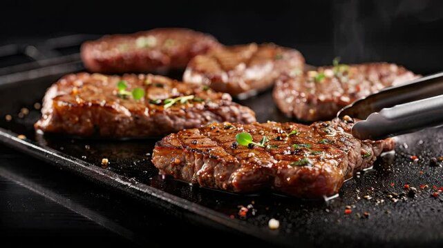 Sizzling steaks cooked to perfection on a grill, showcasing flavorful herbs and spices creating an appetizing dish