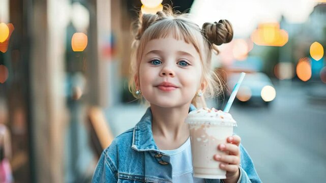 Young girl with playful hairstyle smiles brightly while sipping on a tasty milkshake in a lively outdoor setting during sunset