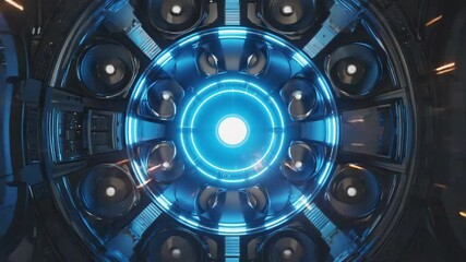 Close-up view of multiple server fans ring shaped server array, varied speeds intense blue LEDs glowing simulated rotating core reactor. Sparks flicker background atmosphere hums power 4k video - Powered by Adobe