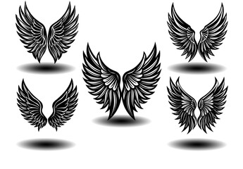 Dark Angel Wings Vector Pack Featuring Distressed Feather Texture. Black wing silhouettes ideal for gothic tattoos, fantasy branding, spiritual logos, and memorial artwork. Clean vector format.


