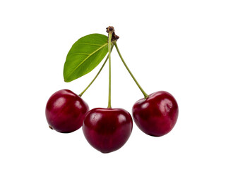 Three cherries with leaf isolated on transparent background