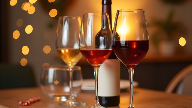 Wine glasses and bottle on a festive table with a blank area.