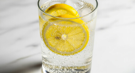 Refreshing Sparkling Water with Lemon Slices in Glass
