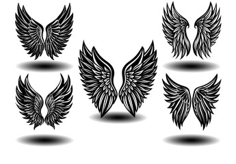 Distressed Angel Wings Vector Pack in Black Feather Style. Ideal for tattoo art, gothic design, fantasy branding, spiritual prints, and memorial logos. High-quality vector illustrations.

