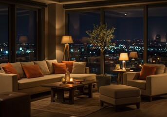 Modern living room night view cityscape