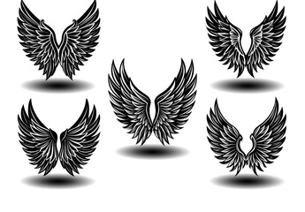 Vintage Black Feather Angel Wings Vector Set. Distressed symmetrical wing designs for gothic tattoos, fantasy artwork, spiritual branding, and memorial prints. High-resolution vector icons.

