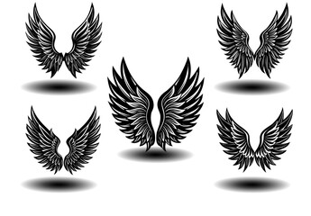 Dark Angel Wings Vector Collection with Distressed Feather Texture. Black feather wing icons for gothic tattoos, fantasy artwork, spiritual branding, and memorial prints. Scalable vector format.


