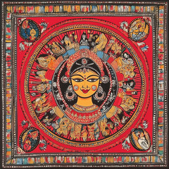Obraz premium Powerful Madhubani Painting of Goddess Shakti: Durga, Kali & Parvati in Bold Folk-Art Style with Lions, Snakes, Lotus Borders & Geometric Floral Patterns