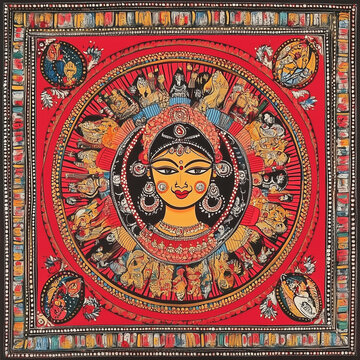 Powerful Madhubani Painting of Goddess Shakti: Durga, Kali & Parvati in Bold Folk-Art Style with Lions, Snakes, Lotus Borders & Geometric Floral Patterns