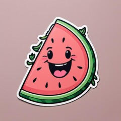 Whimsical watermelon sticker featuring a cheerful expression and vibrant colors against a muted background