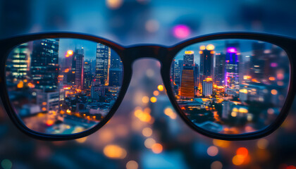 Vision correction. Cityscape becoming clearer when looking through glasses