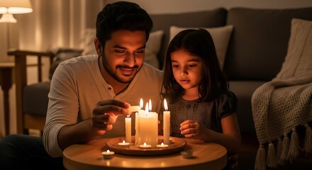 Father and daughter lighting candles together at home
