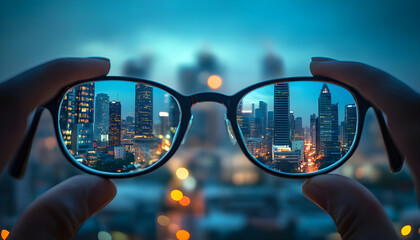 Vision correction. Cityscape becoming clearer when looking through glasses